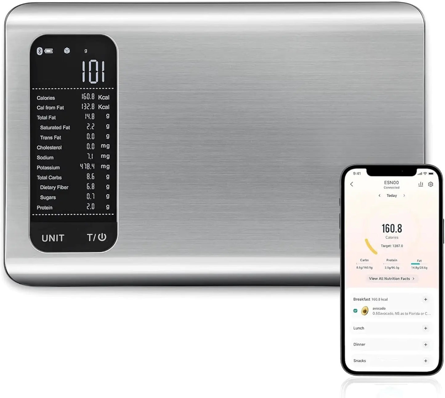 GramEat AI Smart Food Scale with companion app on white background